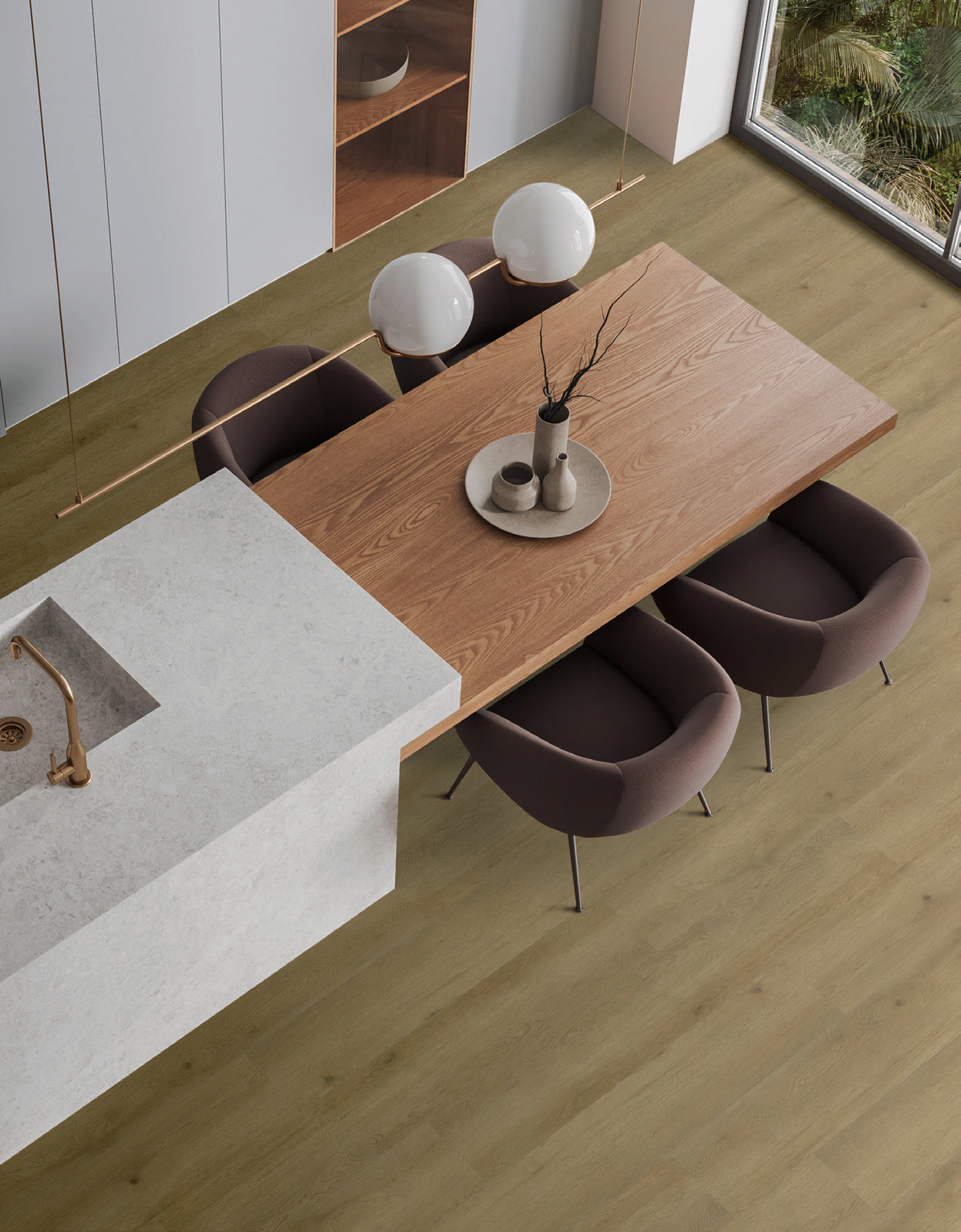 Køkken og spiseplads med naturtro vinylgulv